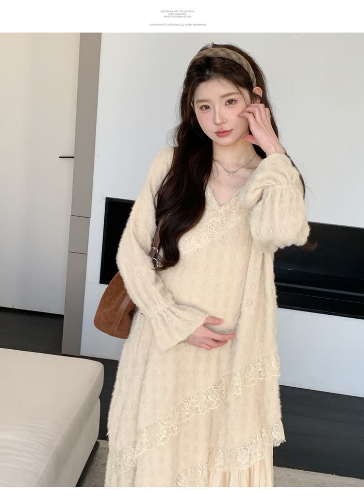 출산 착용 무거운 작업 자카드 플리츠 여성 드레스 가을 겨울 긴팔 레이스 드레스 인사이드 가져 가라. 디자인 센스 상세 이미지 13