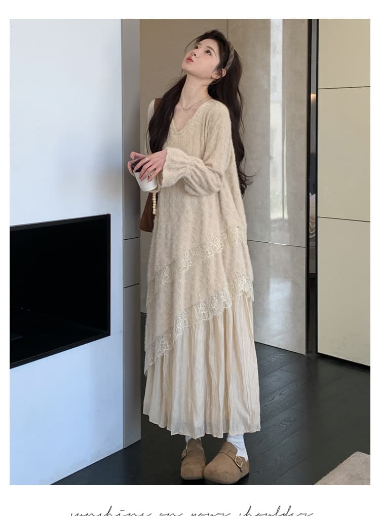 출산 착용 무거운 작업 자카드 플리츠 여성 드레스 가을 겨울 긴팔 레이스 드레스 인사이드 가져 가라. 디자인 센스 상세 이미지 16