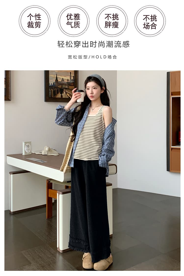 출산 착용 이른 봄 새로운 체크무늬 셔츠 스트라이프 조끼 와이드 레그 팬츠 세트 상세 이미지 2