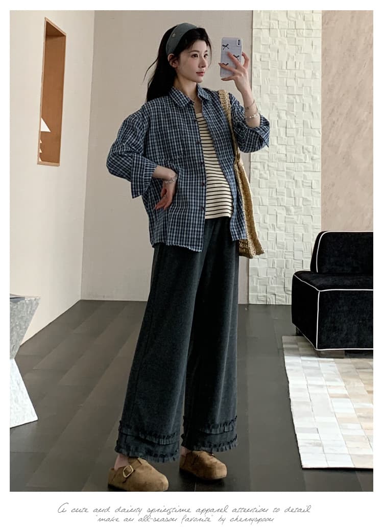 출산 착용 이른 봄 새로운 체크무늬 셔츠 스트라이프 조끼 와이드 레그 팬츠 세트 상세 이미지 13