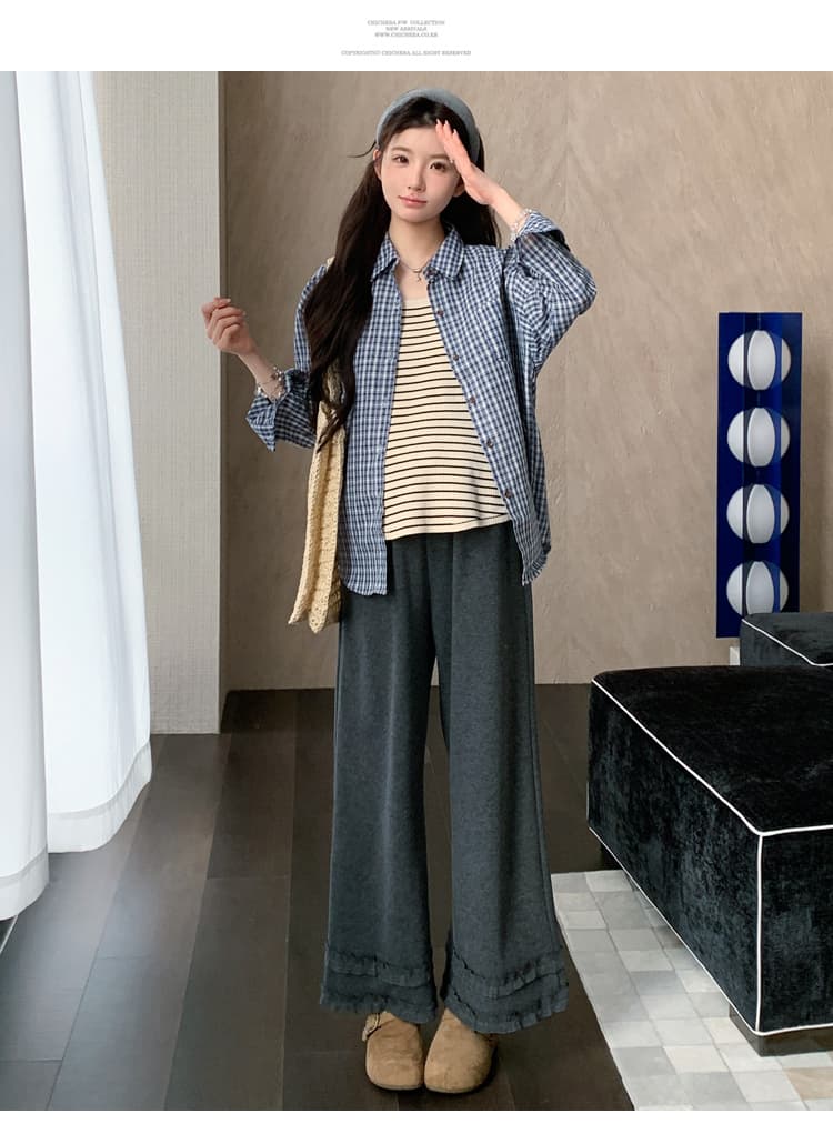 출산 착용 이른 봄 새로운 체크무늬 셔츠 스트라이프 조끼 와이드 레그 팬츠 세트 상세 이미지 16