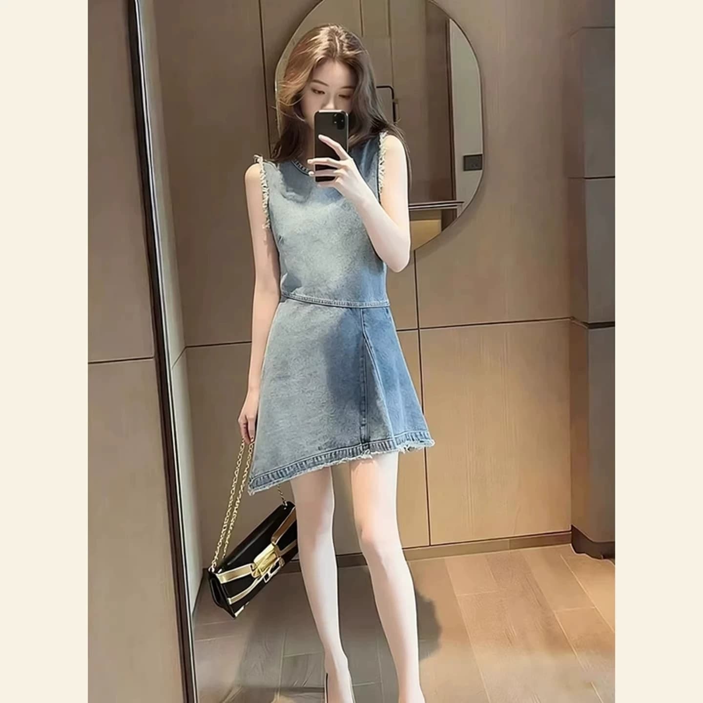 새로운 중식 레트로 워싱 마 오래된 데님 여성 드레스 봄 새로운 디자인 센스 민소매 거친 가장자리 파란색 롱 스커트 상세 이미지 1