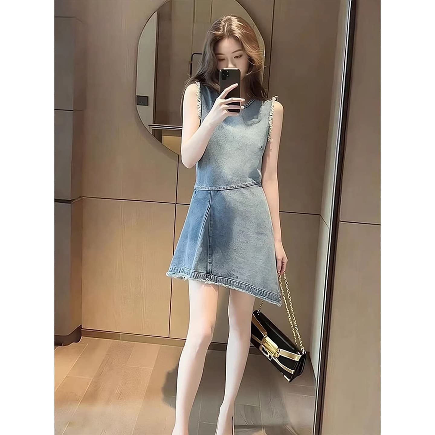 새로운 중식 레트로 워싱 마 오래된 데님 여성 드레스 봄 새로운 디자인 센스 민소매 거친 가장자리 파란색 롱 스커트 상세 이미지 3