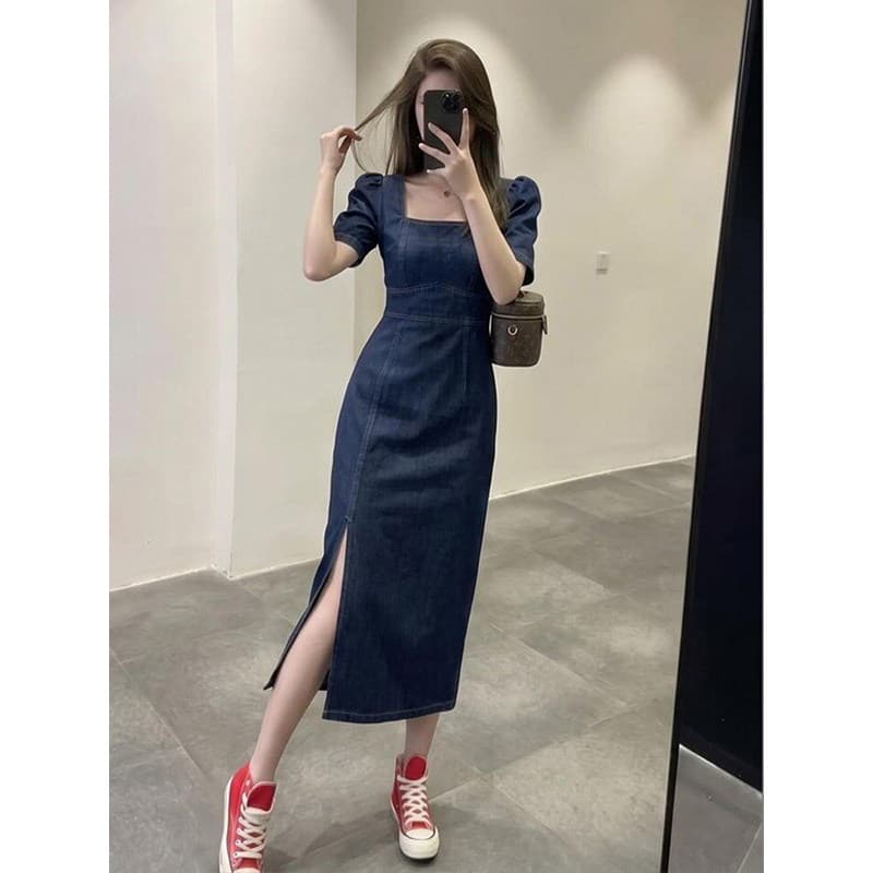 프랑스식 레트로 그는 벤 바람 데님 여성 드레스 여름 허리 수축 슬림해 보이는 품격 광장 칼라 거품 소매 트임 롱 스커트 트렌디 상세 이미지 3
