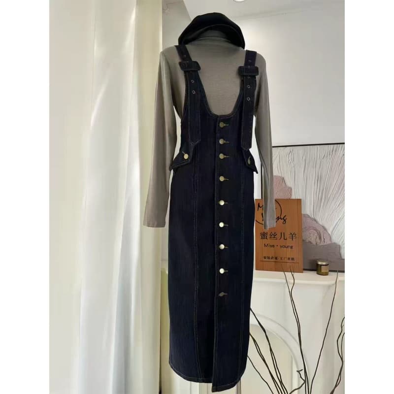 한 부서 부드러운 멜빵 드레스 여성 새로운 품격 다용도 표지 고기 슬림해 보이는 롱 코트 데님 스커트 무릎 아래 롱 스커트 상세 이미지 6