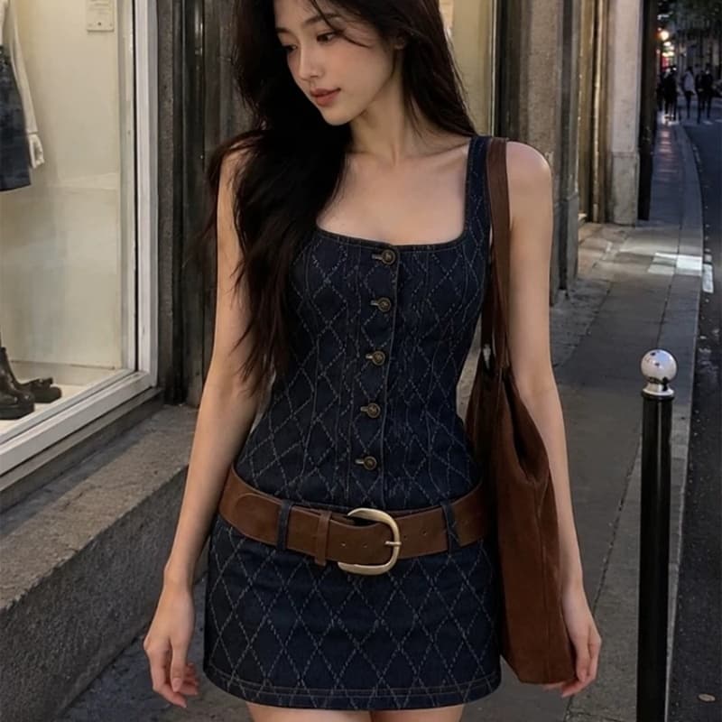 달콤한 차가운 핫걸 바람 링 체크무늬 데님 여성 드레스 여름 디자인 센스 작은 대중 몸매 가꾸기 단추 슬립 미니 스커트 트렌디 상세 이미지 1