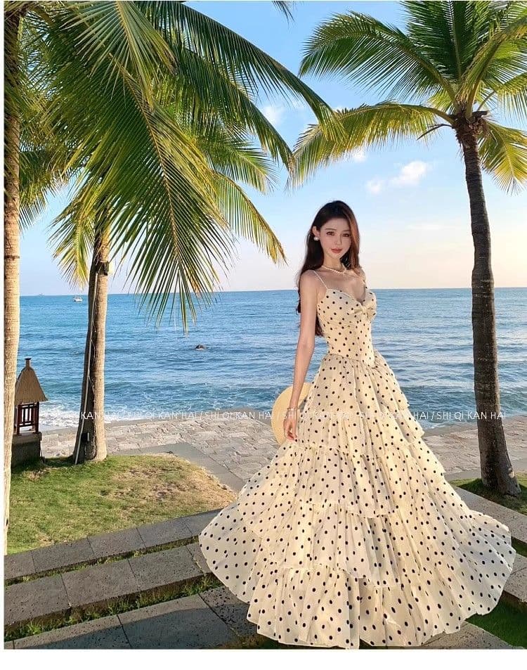 프랑스식 부드러운 도트 무늬 해변가 휴가 여성 드레스 여름 허리 수축 슬림해 보이는 품격 슬립 해변 드레스 케이크 롱 스커트 상세 이미지 1