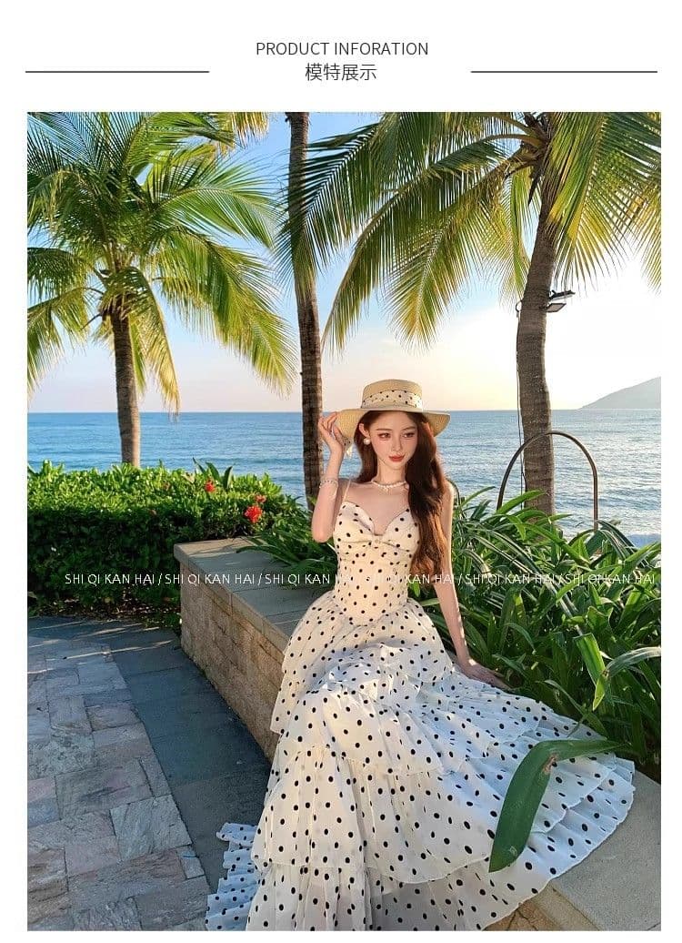 프랑스식 부드러운 도트 무늬 해변가 휴가 여성 드레스 여름 허리 수축 슬림해 보이는 품격 슬립 해변 드레스 케이크 롱 스커트 상세 이미지 3