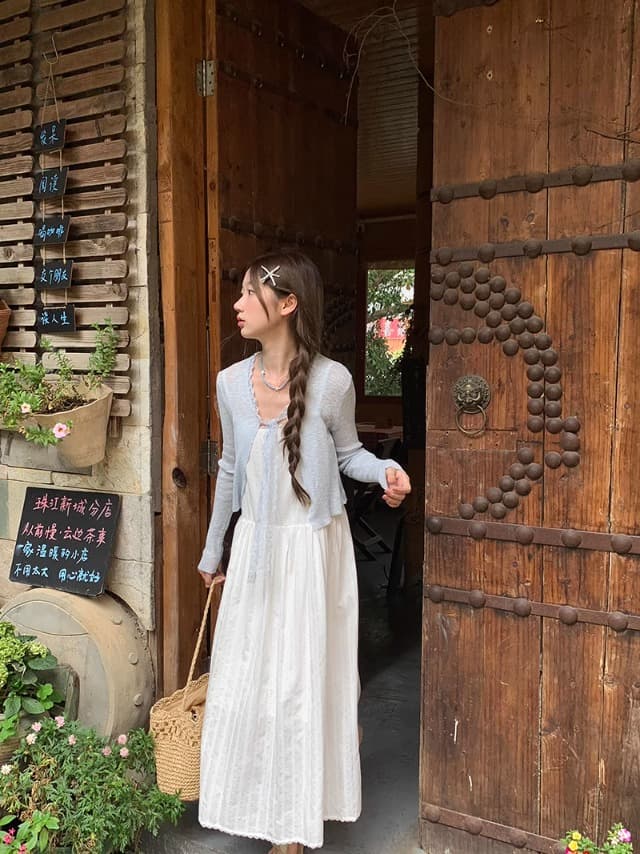 한 부서 부드러운 바람 달콤함 다용도 루즈핏 얇고 가벼운 레이스 조각 스트랩 쇼트 스타일 니트 오픈 가디건 상세 이미지 10