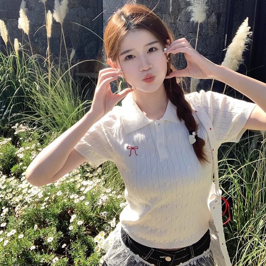 POLO 칼라 니트 반팔 여성 2026 새로운 자수 레트로 학원 스타일 꽈배기 스웨터 티셔츠 맨위 이미지 6