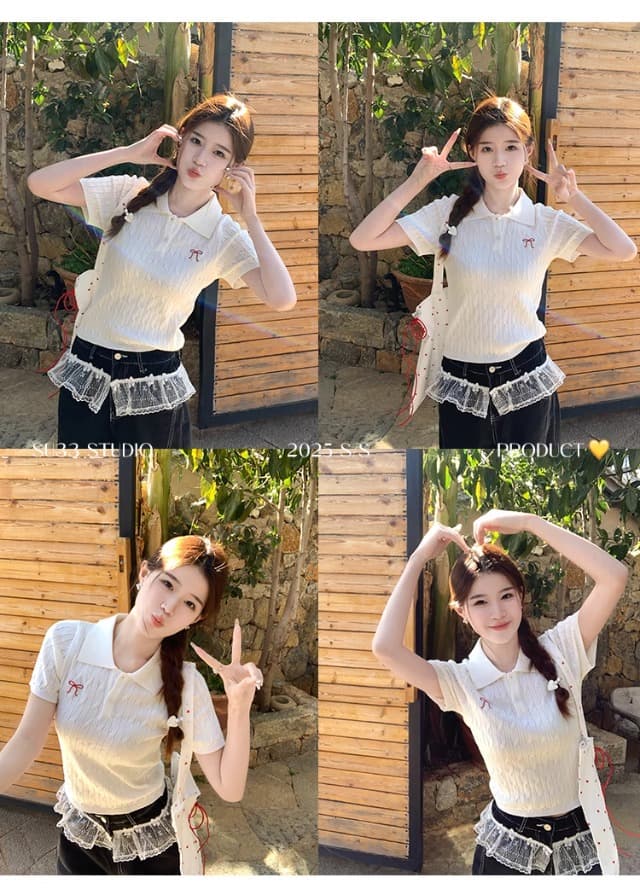 POLO 칼라 니트 반팔 여성 2026 새로운 자수 레트로 학원 스타일 꽈배기 스웨터 티셔츠 맨위 상세 이미지 10
