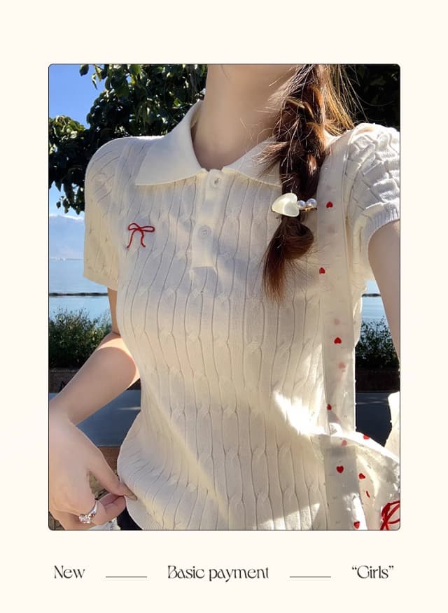 POLO 칼라 니트 반팔 여성 2026 새로운 자수 레트로 학원 스타일 꽈배기 스웨터 티셔츠 맨위 상세 이미지 16