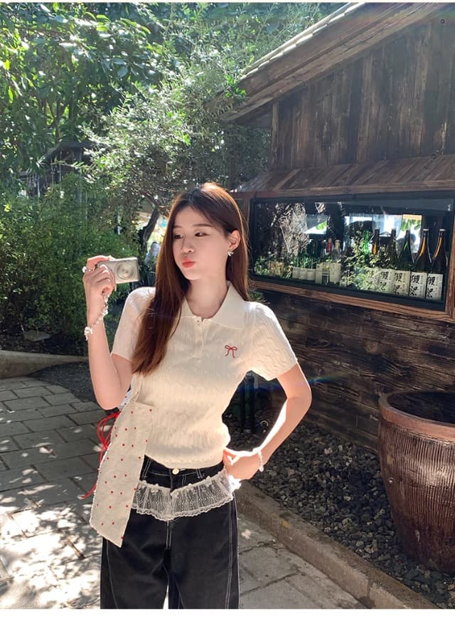 POLO 칼라 니트 반팔 여성 2026 새로운 자수 레트로 학원 스타일 꽈배기 스웨터 티셔츠 맨위 상세 이미지 17