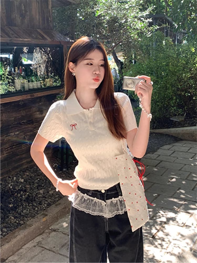 폴로 칼라 polo 니트 스웨터 여성용 짧은 소매 티셔츠 여름 ootd 착용 가져 가라. 자수 나비 매듭 고유 한 아름다운 작은 맨위 이미지 2