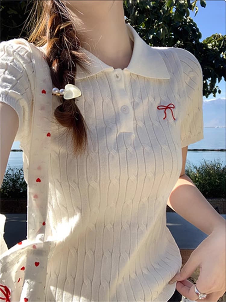 폴로 칼라 polo 니트 스웨터 여성용 짧은 소매 티셔츠 여름 ootd 착용 가져 가라. 자수 나비 매듭 고유 한 아름다운 작은 맨위 이미지 4