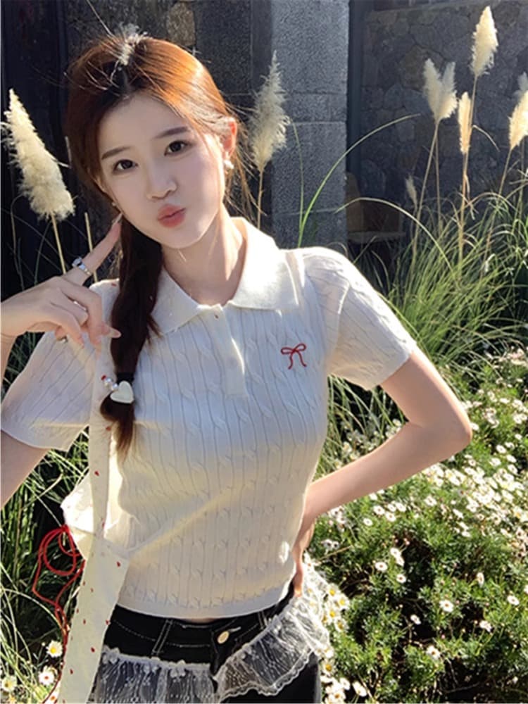 폴로 칼라 polo 니트 스웨터 여성용 짧은 소매 티셔츠 여름 ootd 착용 가져 가라. 자수 나비 매듭 고유 한 아름다운 작은 맨위 이미지 3