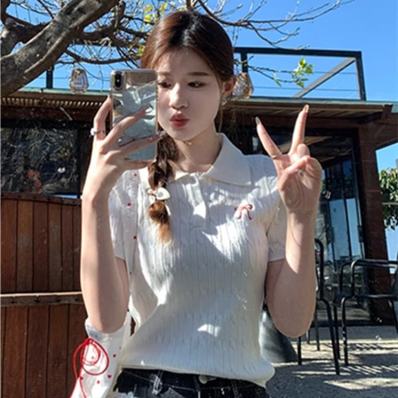 폴로 칼라 polo 니트 스웨터 여성용 짧은 소매 티셔츠 여름 ootd 착용 가져 가라. 자수 나비 매듭 고유 한 아름다운 작은 맨위 이미지 5