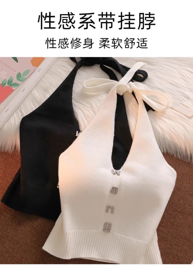 핫걸 행침 목 캐미솔 여름 외출용 디자인 센스 오프숄더 쇼트 스타일 섹시한 아름다움 뒤로 니트 민소매 맨위 상세 이미지 2