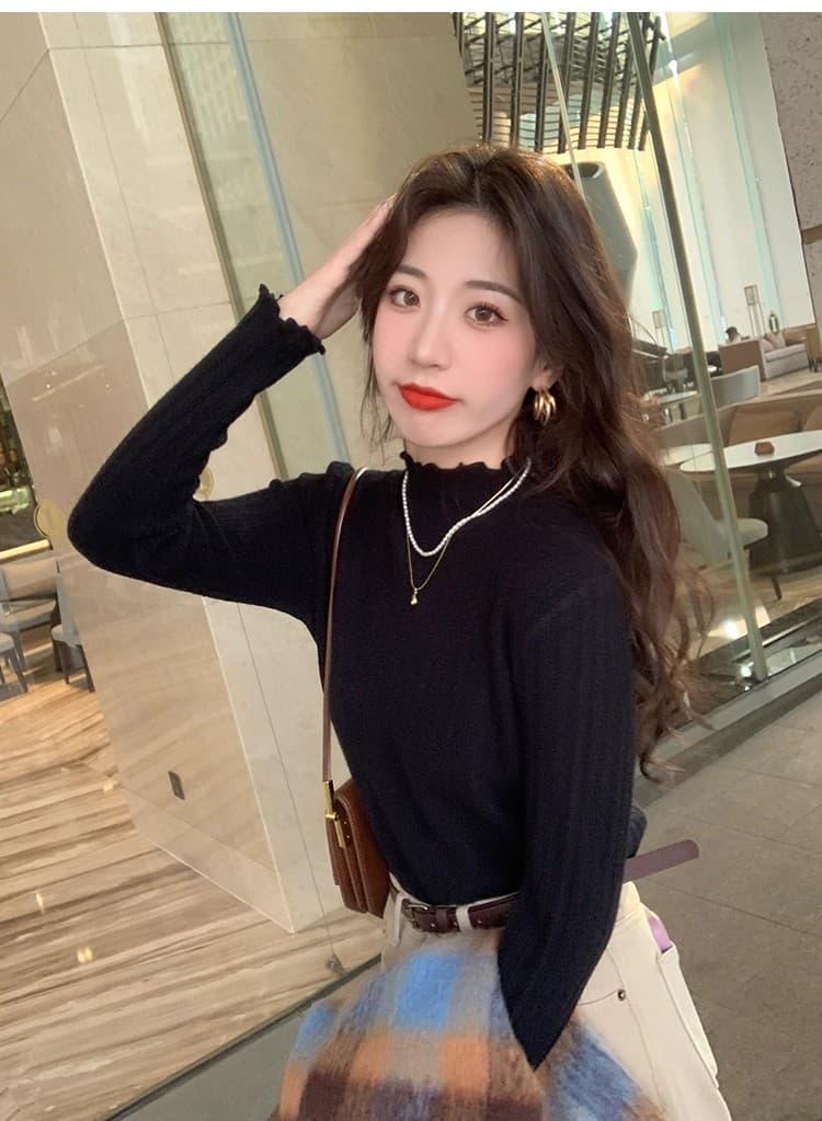 거위 옐로우 반하이넥 기본 셔츠 여성 인사이드 가져 가라. 봄 가을 새로운 프릴 스웨터 고급 센스 몸매 가꾸기 긴팔 맨위 상세 이미지 37