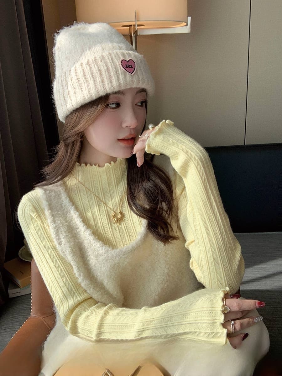거위 옐로우 반하이넥 기본 셔츠 여성 인사이드 가져 가라. 봄 가을 새로운 프릴 스웨터 고급 센스 몸매 가꾸기 긴팔 맨위