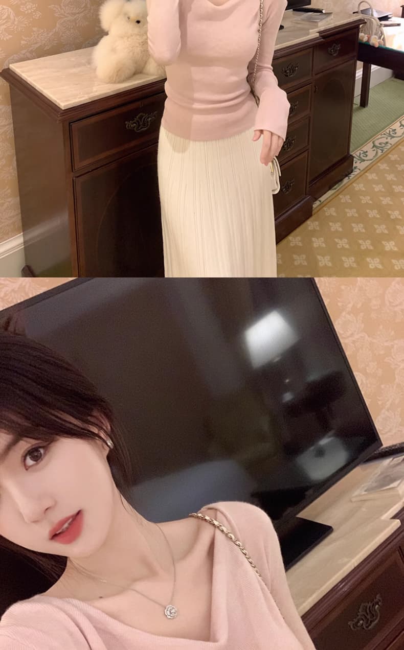 가을 겨울철 새로운 불규칙 니트 스웨터 긴팔 티셔츠 스웨터 기본 셔츠 여성 흔들다 칼라 몸매 가꾸기 슬림해 보이는 맨위 상세 이미지 25