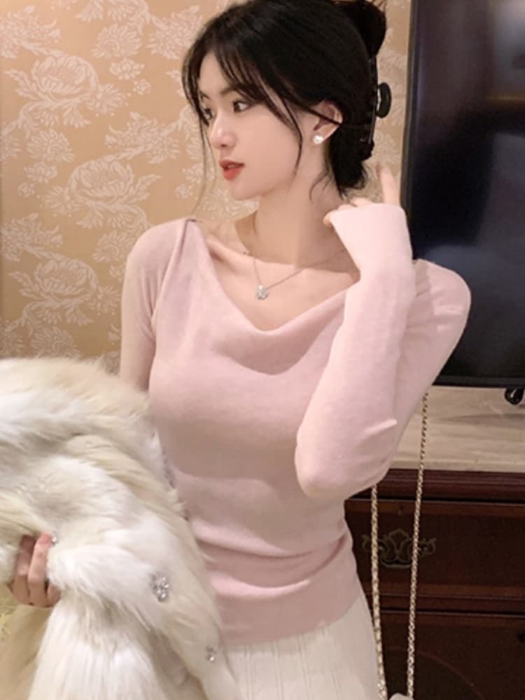 가을 겨울철 새로운 불규칙 니트 스웨터 긴팔 티셔츠 스웨터 기본 셔츠 여성 흔들다 칼라 몸매 가꾸기 슬림해 보이는 맨위