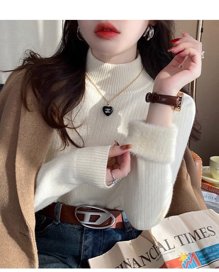 안개 안개 블루 스웨터 털이 있고 두꺼운 기본 셔츠 여성 가을 겨울 2025 새로운 반하이넥 인사이드 가져 가라. 겨울 착용 잡아라. 의류 상세 이미지 17