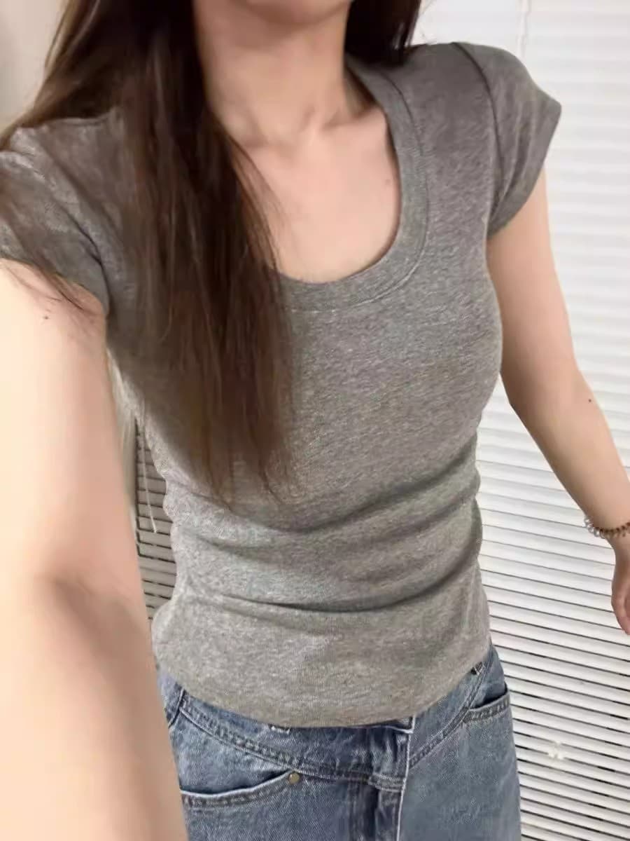 기초 섹션 단색 u 칼라 긍정적 인 어깨 반팔 티셔츠 여성 여름 몸매 가꾸기 슬림해 보이는 다용도 허리 수축 쇼트 스타일 핫걸 맨위 트렌디 이미지 3
