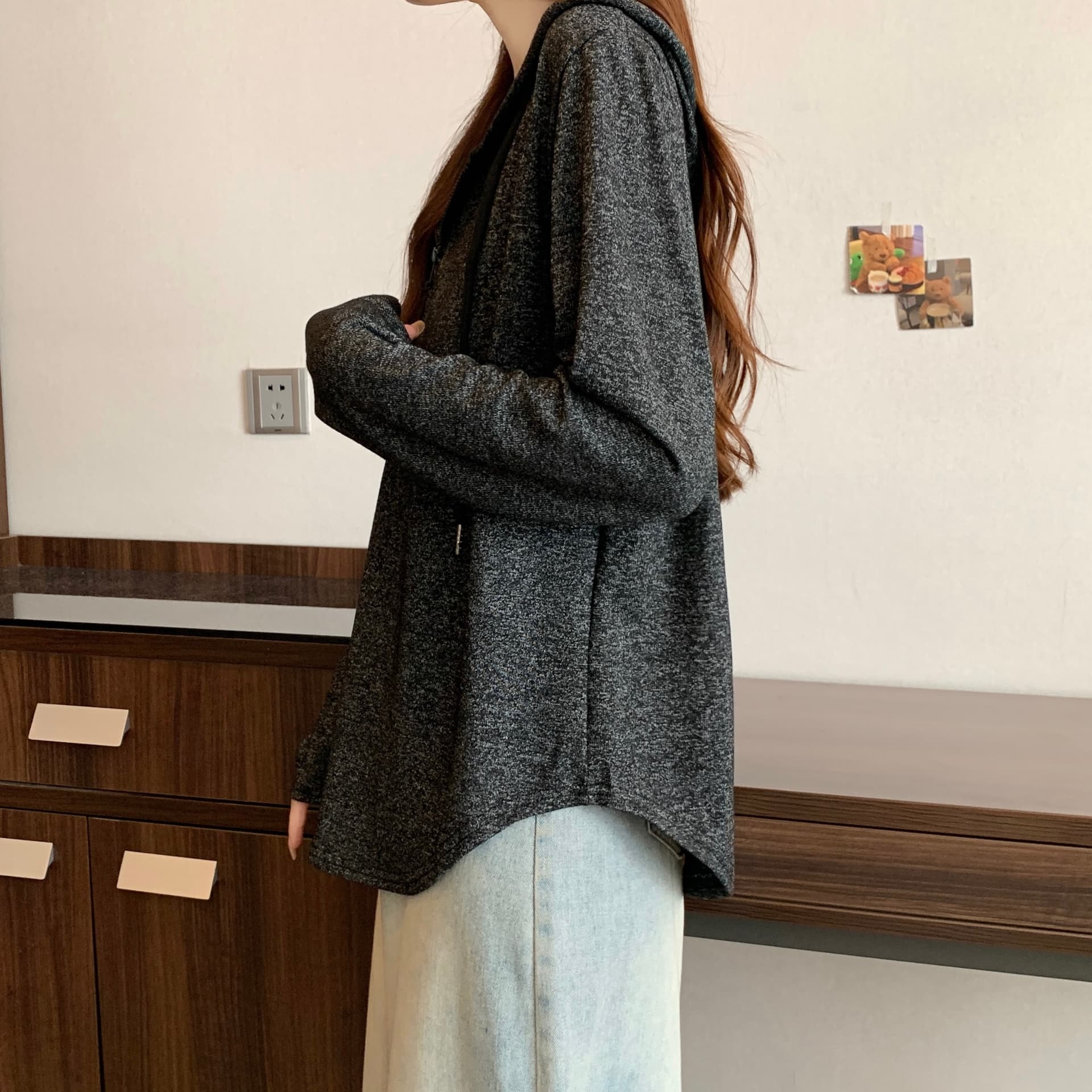 실사 빅 사이즈 지퍼 디자인 센스 스트라이프 후드 긴팔 지방 mm 느긋한 루즈핏 슬림해 보이는 캐주얼 만나는 맨위 이미지 5