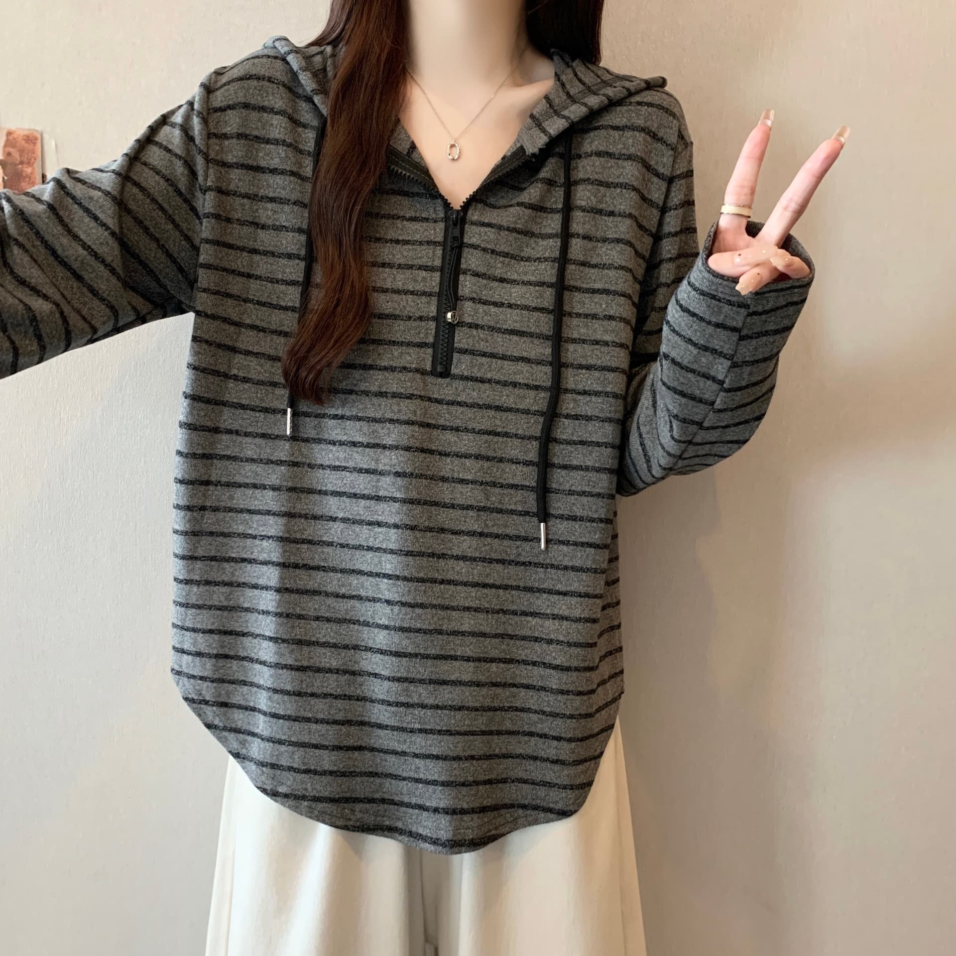 실사 빅 사이즈 지퍼 디자인 센스 스트라이프 후드 긴팔 지방 mm 느긋한 루즈핏 슬림해 보이는 캐주얼 만나는 맨위 상세 이미지 6