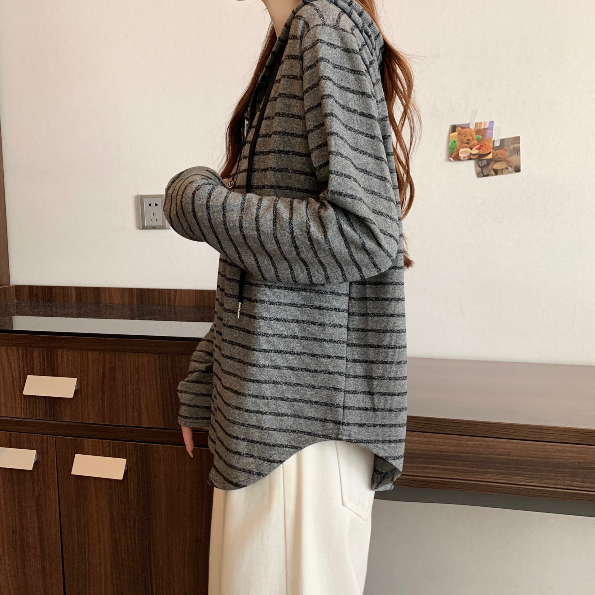 실사 빅 사이즈 지퍼 디자인 센스 스트라이프 후드 긴팔 지방 mm 느긋한 루즈핏 슬림해 보이는 캐주얼 만나는 맨위 상세 이미지 7