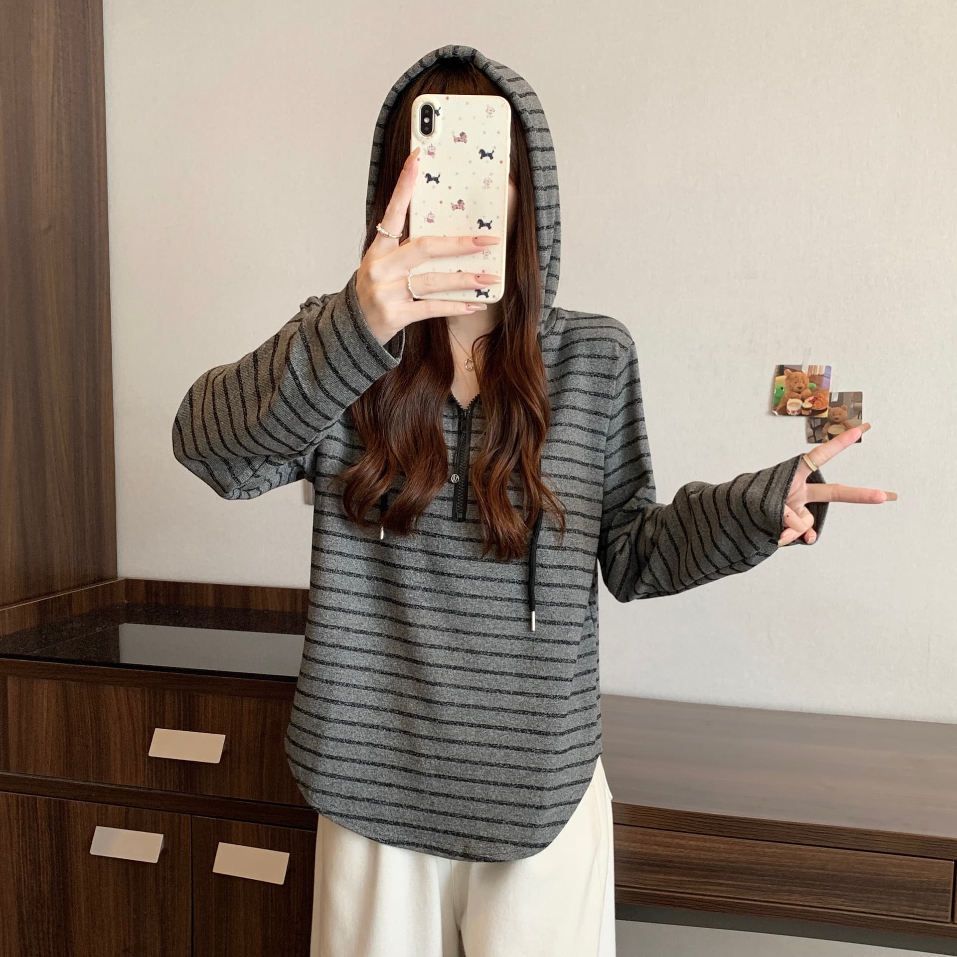 실사 빅 사이즈 지퍼 디자인 센스 스트라이프 후드 긴팔 지방 mm 느긋한 루즈핏 슬림해 보이는 캐주얼 만나는 맨위 상세 이미지 10