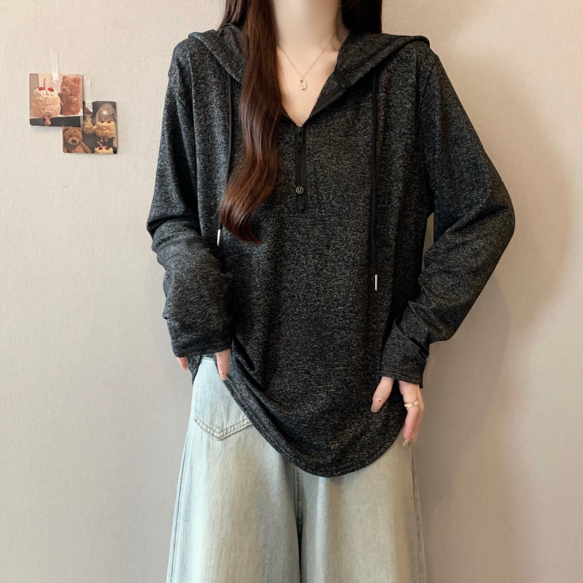 실사 빅 사이즈 지퍼 디자인 센스 스트라이프 후드 긴팔 지방 mm 느긋한 루즈핏 슬림해 보이는 캐주얼 만나는 맨위 상세 이미지 14