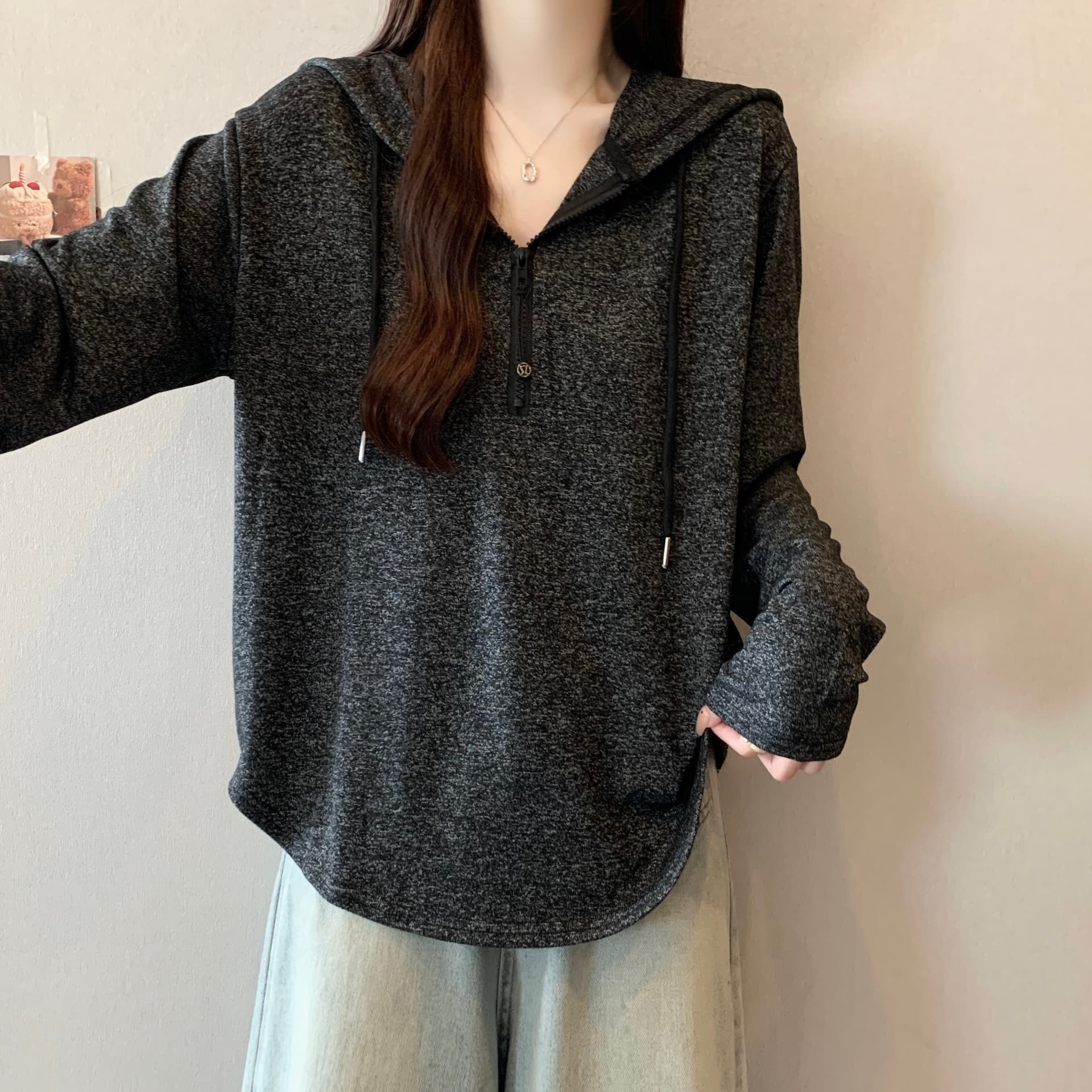 실사 빅 사이즈 지퍼 디자인 센스 스트라이프 후드 긴팔 지방 mm 느긋한 루즈핏 슬림해 보이는 캐주얼 만나는 맨위 상세 이미지 15