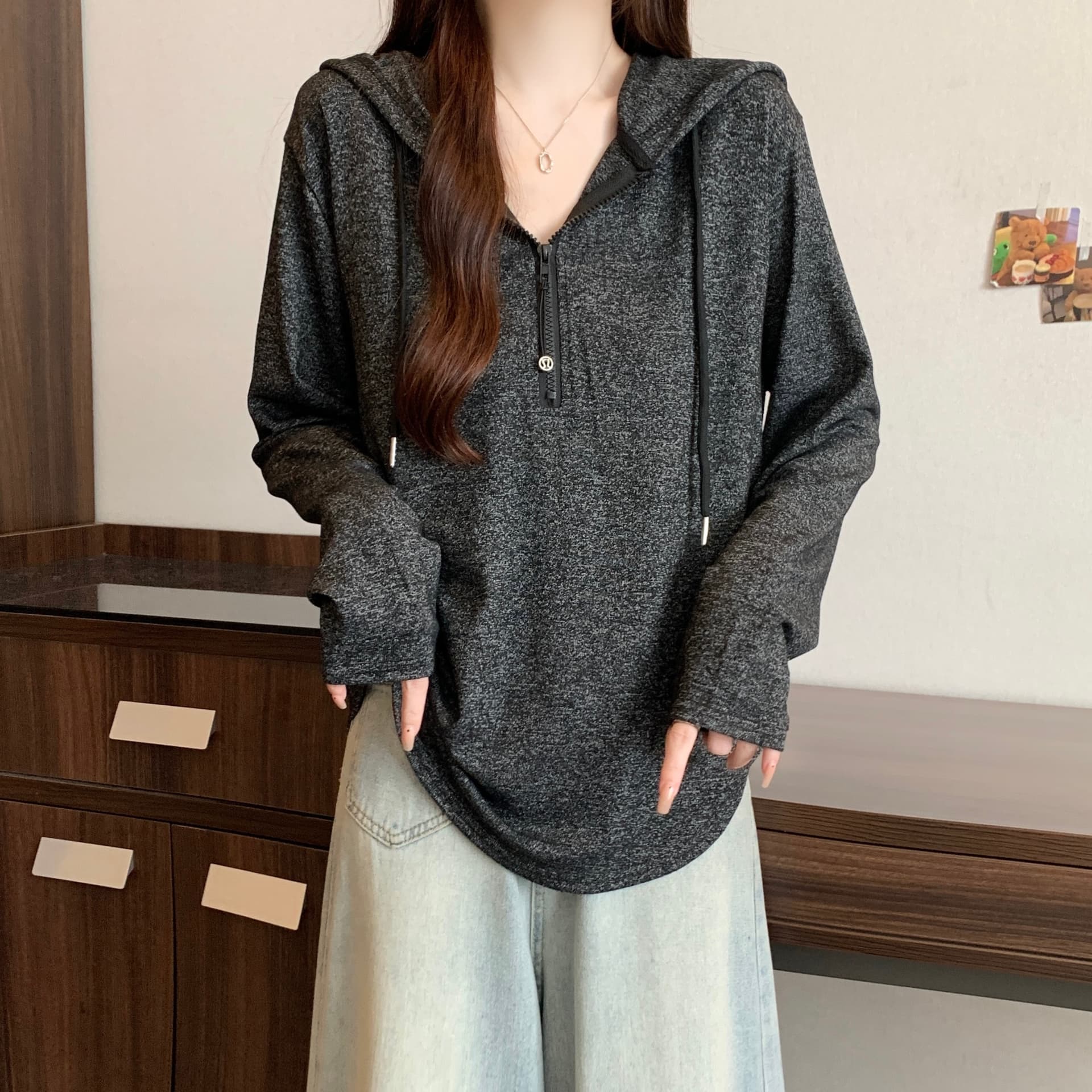 실사 빅 사이즈 지퍼 디자인 센스 스트라이프 후드 긴팔 지방 mm 느긋한 루즈핏 슬림해 보이는 캐주얼 만나는 맨위 상세 이미지 16