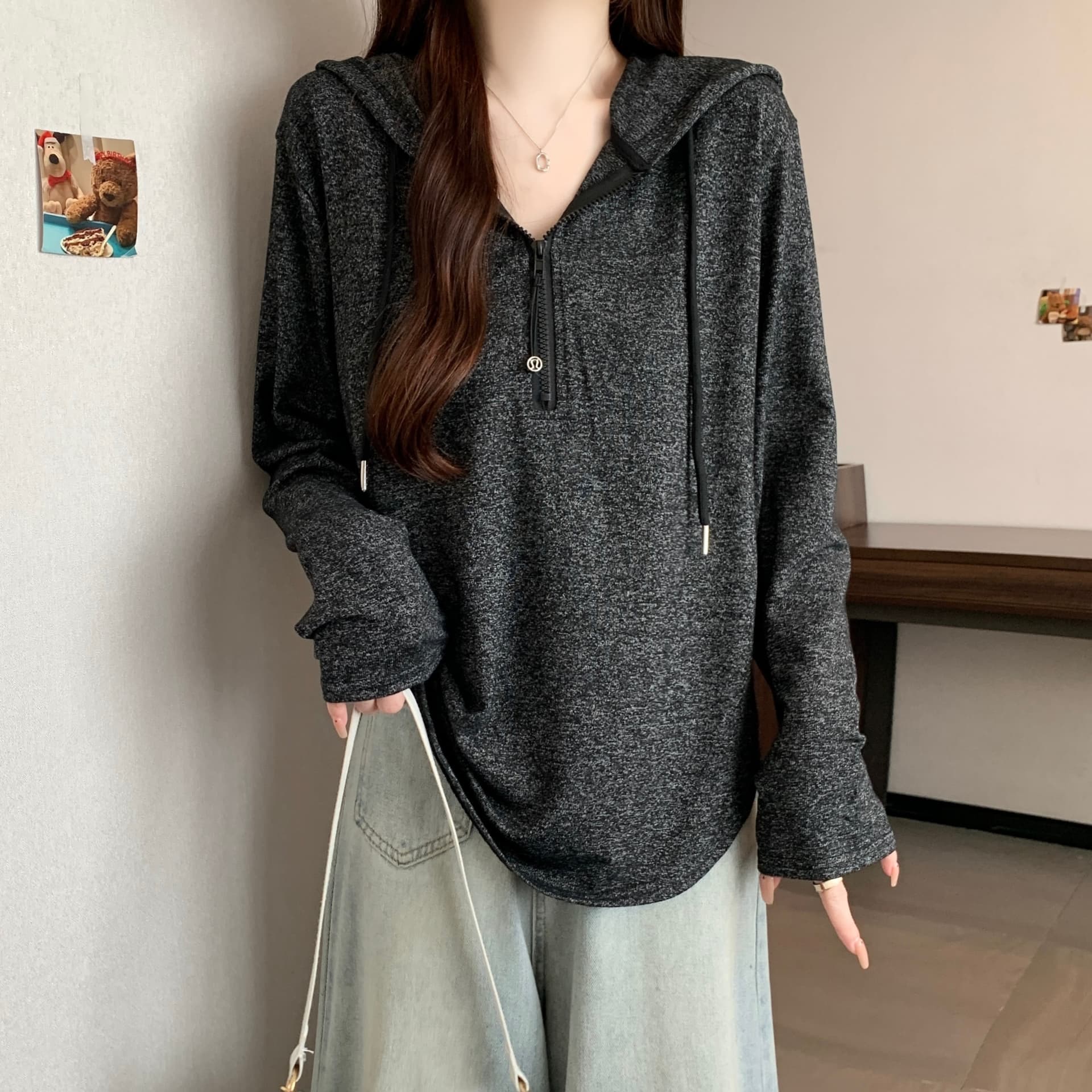 실사 빅 사이즈 지퍼 디자인 센스 스트라이프 후드 긴팔 지방 mm 느긋한 루즈핏 슬림해 보이는 캐주얼 만나는 맨위 상세 이미지 19