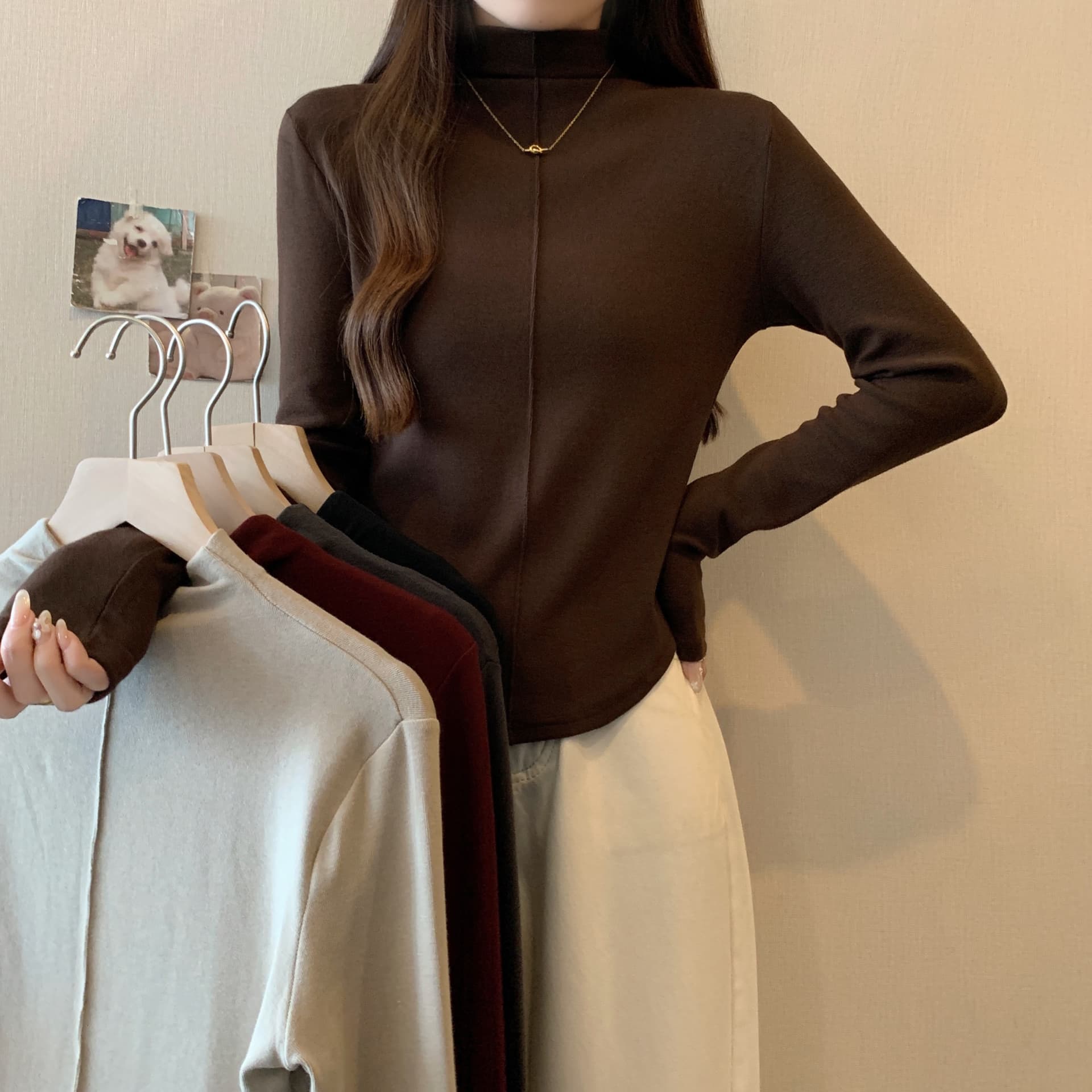 실사 빅 사이즈 반하이넥 몸매 가꾸기 인사이드 가져 가라. 기본 셔츠 여성 2024 년 가을 겨울 새로운 다용도 긴팔 단색 맨위 상세 이미지 6