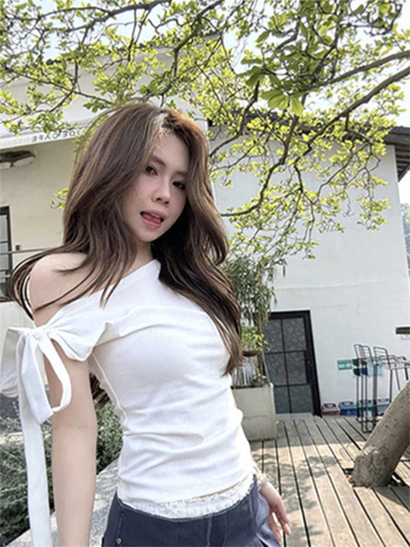 핫걸 순수한 욕망 바람 프랑스식 몸매 가꾸기 나비 매듭 스트랩 반팔 티셔츠 여성 ins 인사이드 가져 가라. 단색 비스듬한 어깨 오프숄더 맨위 상세 이미지 21