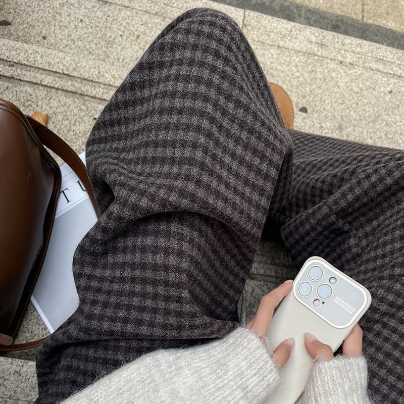 가을 겨울 모직 체크무늬 와이드 레그 팬츠 하이웨이스트 캐주얼 바지 도루 센스 두꺼운 정장 바지 슬림해 보이는 다용도 한국 스타일 스트레이트 팬츠 이미지 5