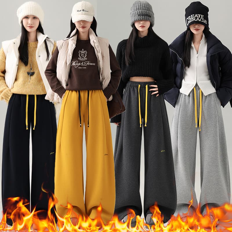 아메리칸 캐주얼 바나나 운동 바지 여성 겨울 2025 새로운 웨이 바지 모통이 칼 바지 하이웨이스트 와이드 레그 팬츠 어린이 털이 있는 섹션 이미지 2