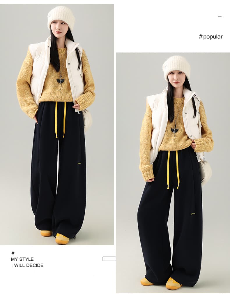 아메리칸 캐주얼 바나나 운동 바지 여성 겨울 2025 새로운 웨이 바지 모통이 칼 바지 하이웨이스트 와이드 레그 팬츠 어린이 털이 있는 섹션 상세 이미지 23