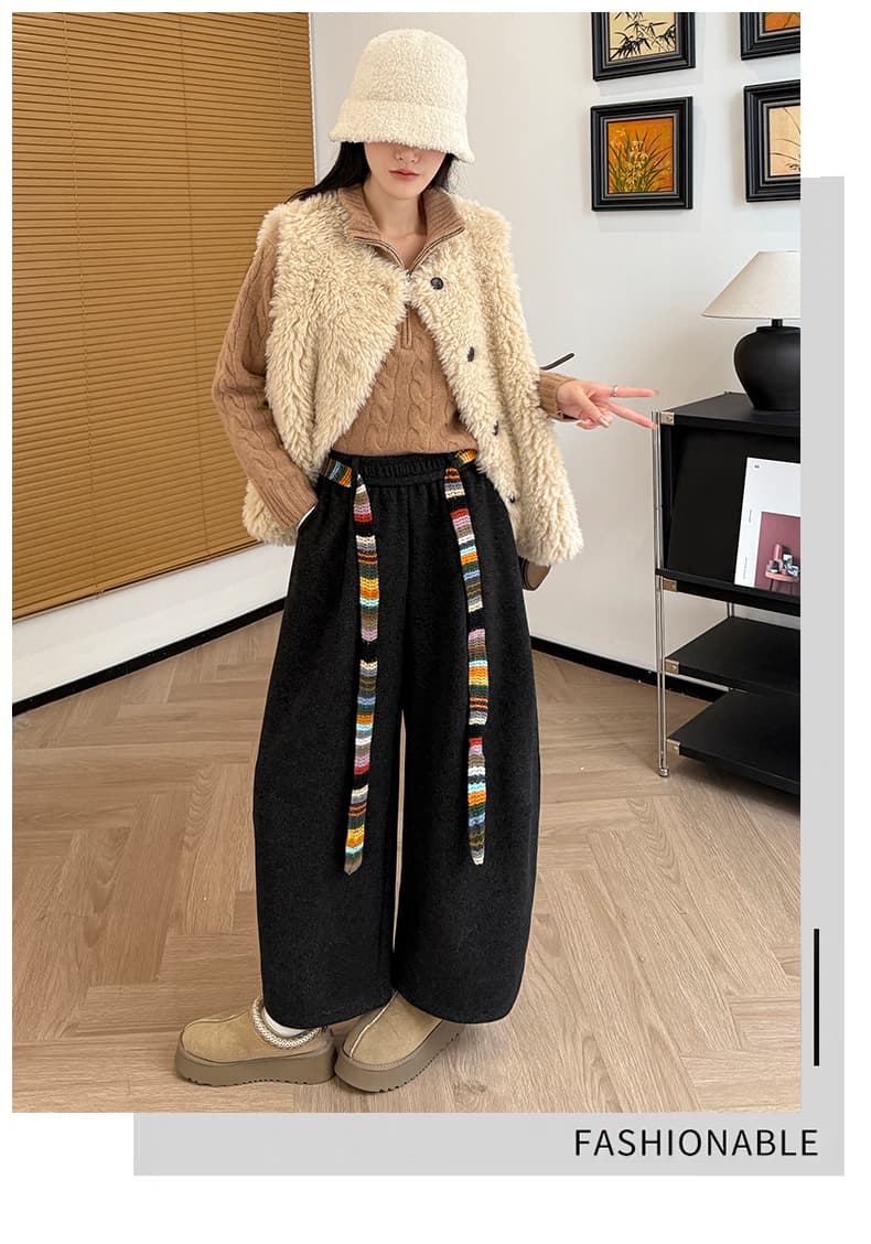 캐시미어 나사 할머니 바지 가을 겨울 새로운 한국 스타일 경기 색상 벨트 하이웨이스트 다용도 슬림해 보이는 털이 있는 캐주얼 긴 바지 상세 이미지 26
