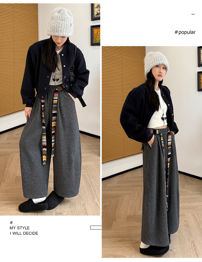 캐시미어 나사 할머니 바지 가을 겨울 새로운 한국 스타일 경기 색상 벨트 하이웨이스트 다용도 슬림해 보이는 털이 있는 캐주얼 긴 바지 상세 이미지 35