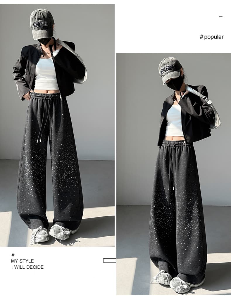 실사 봄 가을 새로운 무거운 작업 핫픽스 패션 둘 착용 모통이 칼 바지 캐주얼 와이드 레그 팬츠 운동 웨이 바지 바나나 바지 여성 상세 이미지 46