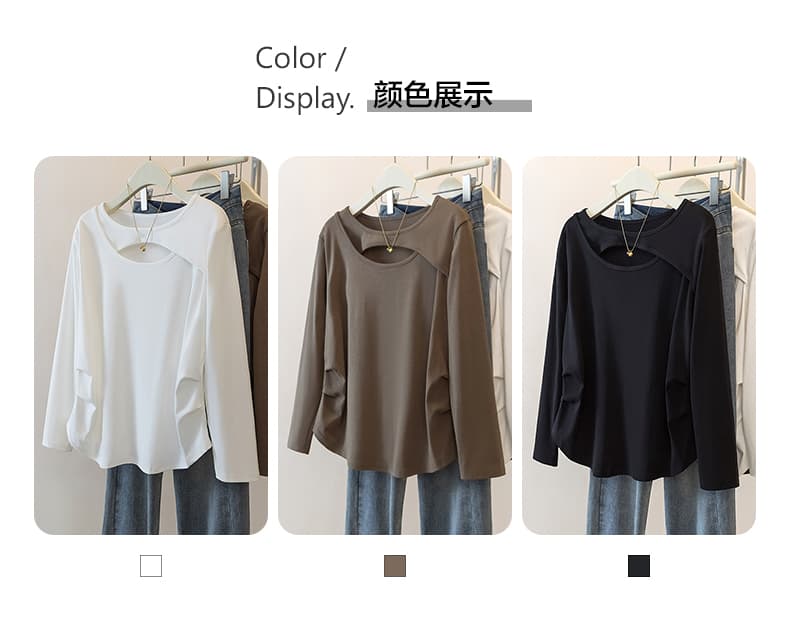 실사 빅 사이즈 여성 의류 새로운 한국 스타일 지방 mm Chic 미니멀리즘 작은 심장 기계 불규칙 홀로우 아웃 긴팔 티셔츠 맨위 상세 이미지 7
