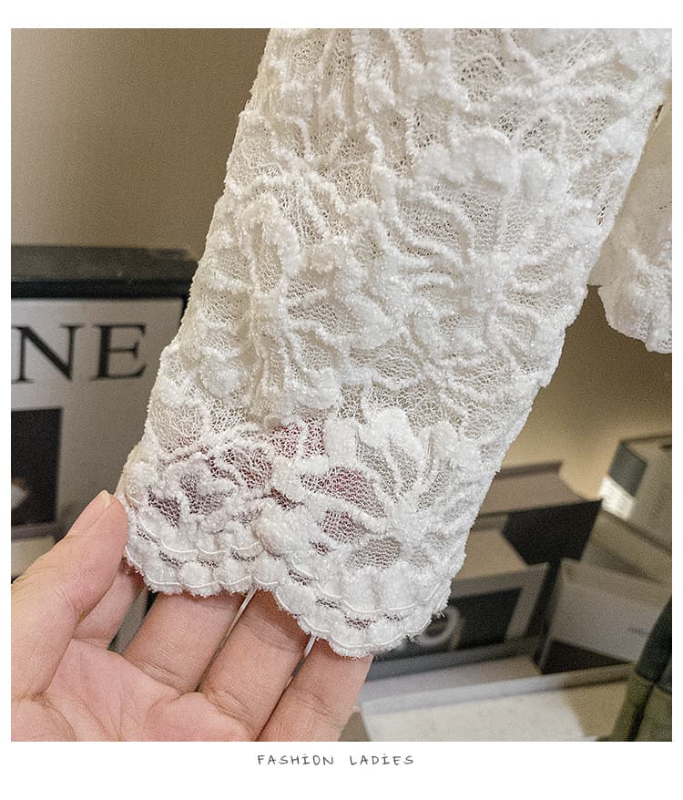 실사 빅 사이즈 여성 의류 새로운 한 부서 반하이넥 디자인 센스 레이스 기본 셔츠 망사 식물 플러시 인사이드 잡아라. 의류 상세 이미지 15