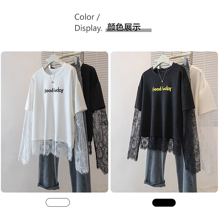 실사 빅 사이즈 여성 의류 한국 스타일 새로운 디자인 알파벳 작은 대중 레이스 조각 슬림해 보이는 캐주얼 루즈핏 다용도 맨위 상세 이미지 8