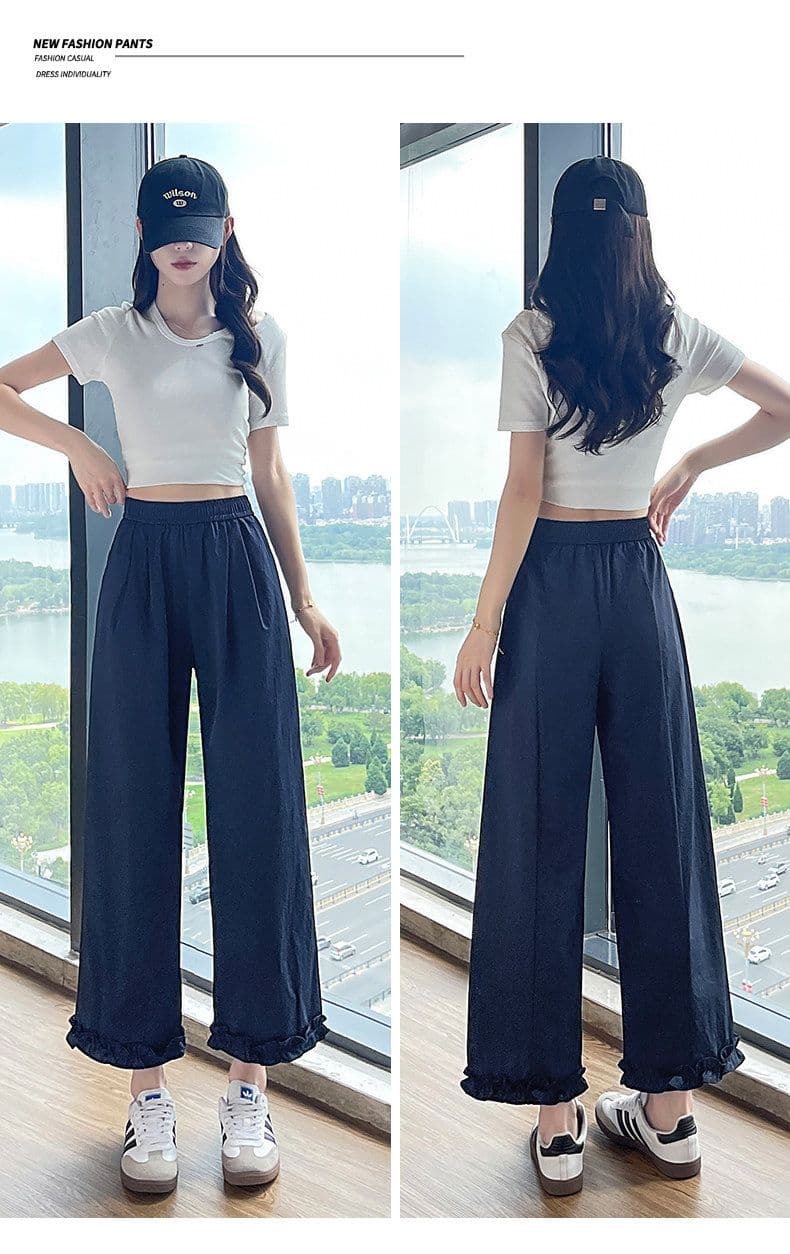 9 포인트 프릴 와이드 레깅스 바지 여름 얇은 스타일 속도 건조한 운동 바지 루즈핏 꽃밭 스트레이트 8 점 바지 여성 트렌디 상세 이미지 28