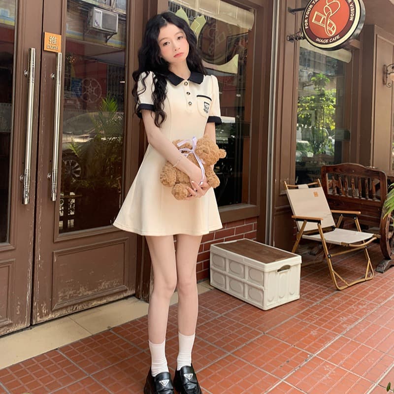 여름 새로운 디자인 센스 패션 POLO 칼라 반팔 여성 드레스 몸매 가꾸기 슬림해 보이는 a 어린이 치마 그는 벤 바람 미니 스커트 이미지 5