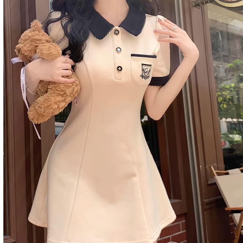 여름 새로운 디자인 센스 패션 POLO 칼라 반팔 여성 드레스 몸매 가꾸기 슬림해 보이는 a 어린이 치마 그는 벤 바람 미니 스커트 이미지 3